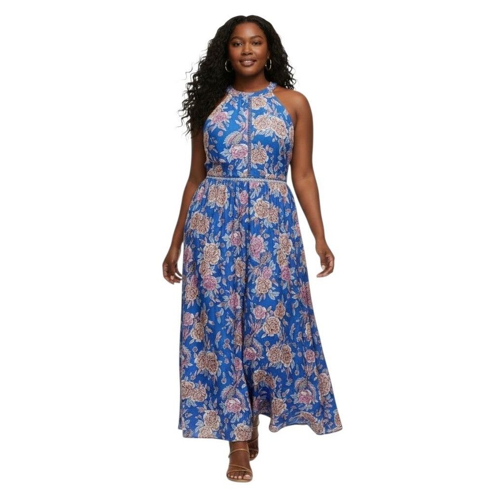 NWT ZESICA Blue Tropical Halter Maxi Dress | Resort Vacation | 2X